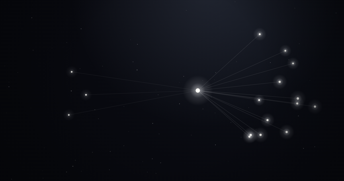 A sparse cluster of nodes and a dense field of nodes converging on one bright node — few versus many, meeting at a point of judgment